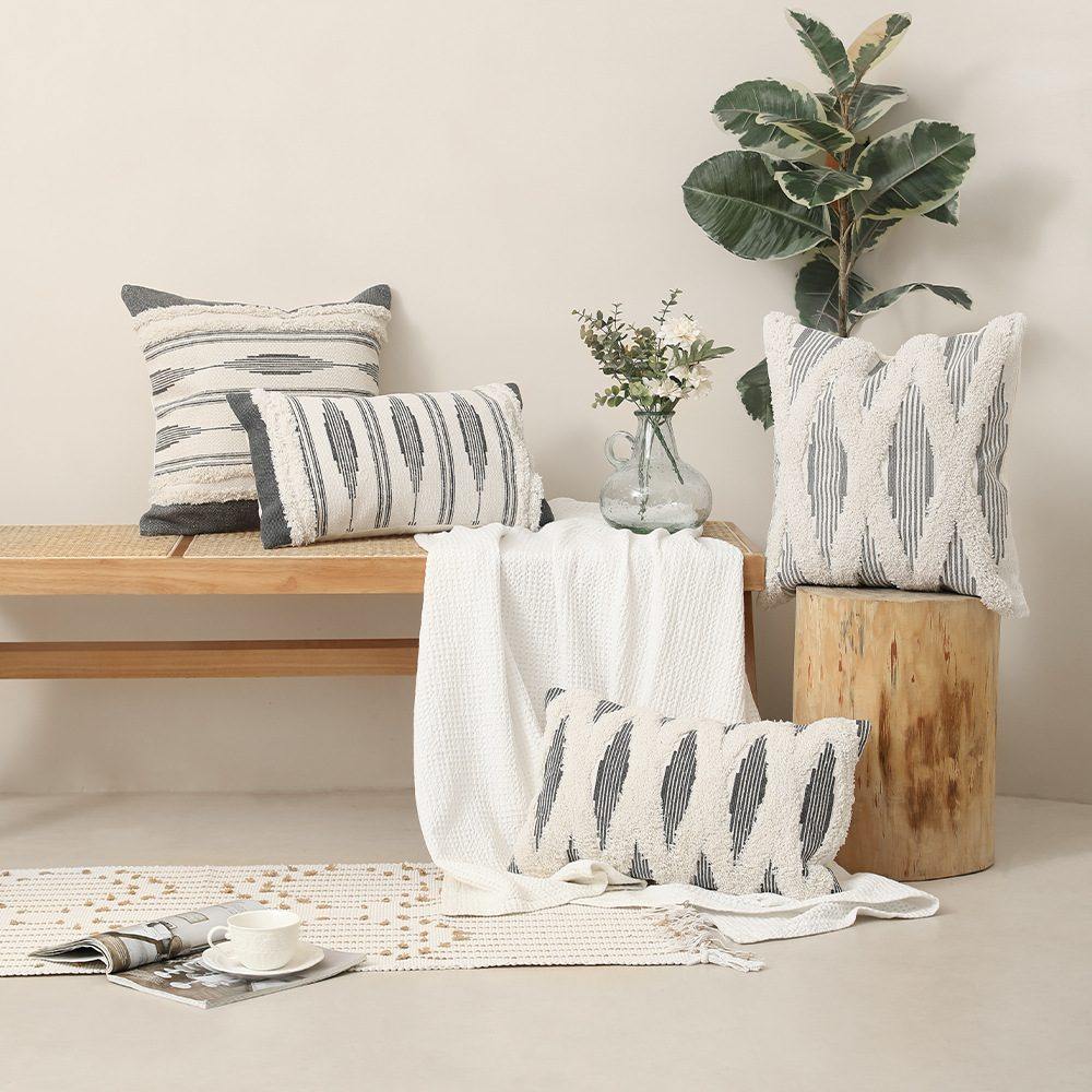 北欧风简约条纹沙发抱靠靠垫印花办公枕套家居编织簇绒复古棉线腰,淘宝优惠券,粉丝福利购,淘宝优惠卷
