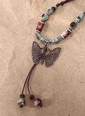 覆古民族风陶瓷蝴蝶铃铛吊坠项炼女配饰品2024年新款潮长款陶瓷炼