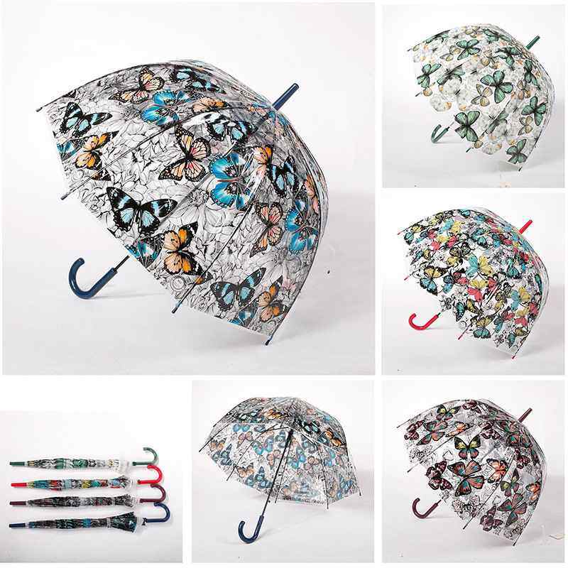 拱形复古透明伞女蝴蝶伞直杆长柄学生柄弯女蘑菇伞雨伞半自动印花,淘宝优惠券,粉丝福利购,淘宝优惠卷