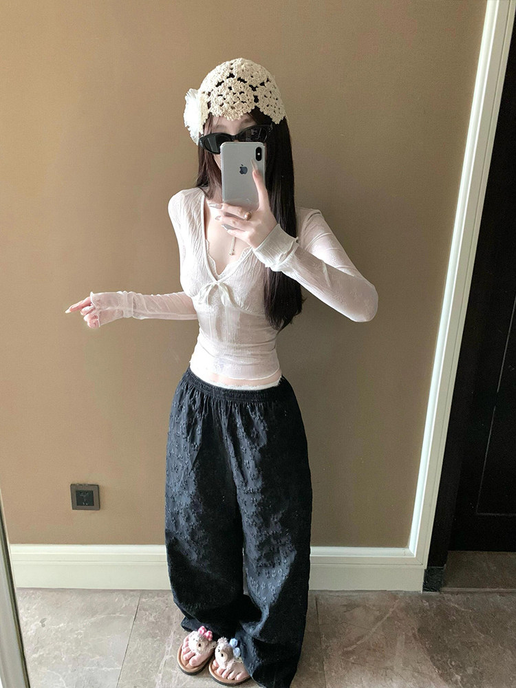 纯欲风甜辣性感V领长袖t恤女春秋2025新款收腰显瘦小众蕾丝衫上衣,淘宝优惠券,粉丝福利购,淘宝优惠卷