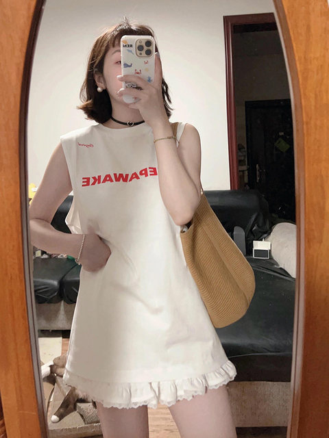 Korean style waistcoat sleeveless white shoulder T-shirt for women summer