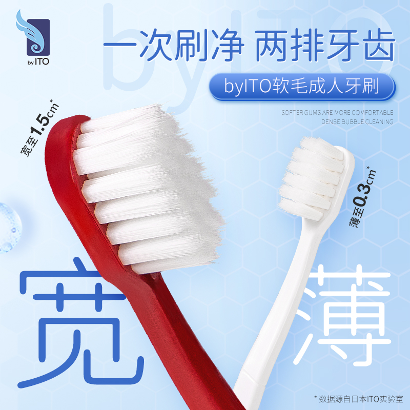 ITO艾特柔宽头成人高密度软毛细微刷毛清洁牙刷4支组合装手动