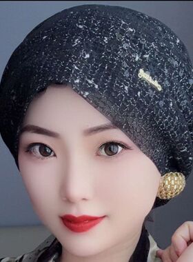 夏季薄款女士渔网飘带包头帽