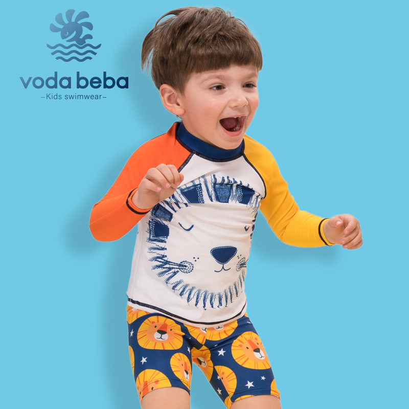 Voda Beba儿童泳衣VB男童狮子长袖防晒速干小中大童分体泳衣套装-图0