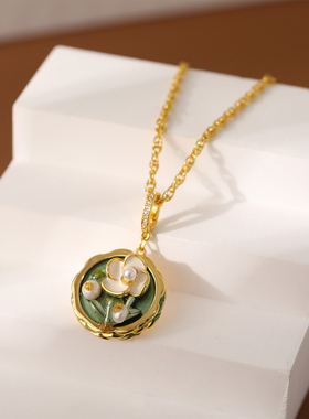 中古油画风vintage珐琅滴釉花朵项链法式宫廷巴洛克轻奢吊坠珍珠