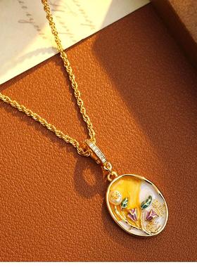中古风油画莫奈花园手绘珐琅项链