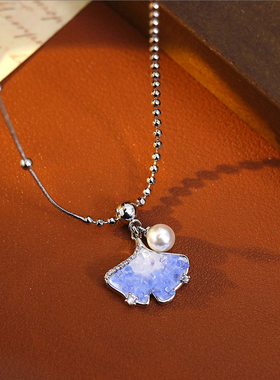 镀金渐变蓝银杏叶项链轻奢小众