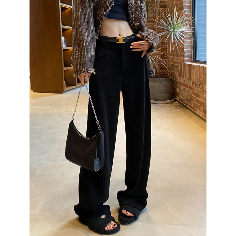 黑色阔腿裤女秋冬加绒加厚高腰针织雪尼尔灯芯绒休闲直筒西装裤子 - 图0