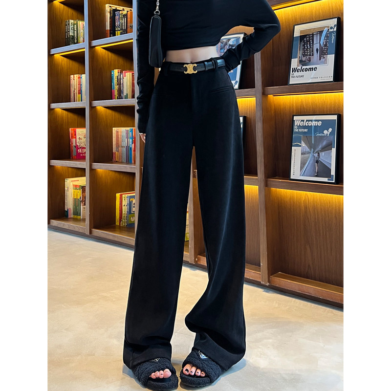 黑色阔腿裤女秋冬加绒加厚高腰针织雪尼尔灯芯绒休闲直筒西装裤子 - 图2