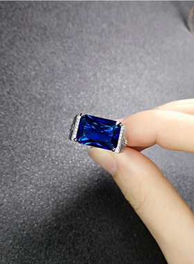 开口可调节霸气皇家蓝宝石方形戒指简约蓝水晶钻戒男女款通用指环