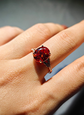 直播爆款大克拉石榴红锆石戒指女冷淡轻奢镂空9×11mm钻开口指环