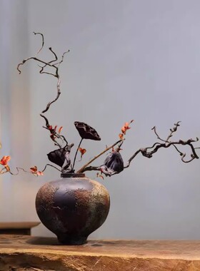 侘寂风复古粗陶瓷桌面花瓶客厅插干花民宿茶室新中式玄关禅意摆件
