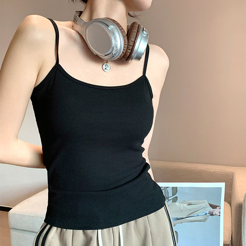 百搭螺纹纯棉白色小吊带背心女内搭简约修身显瘦外穿打底美背上衣-图1