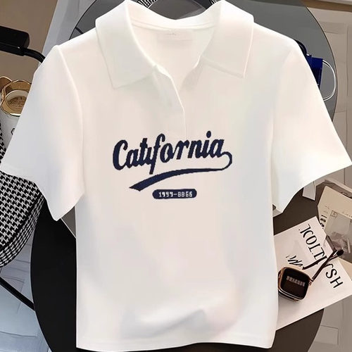 欧货正肩POLO领白色短袖T恤女夏2026新款修身纯棉打底衫短款上衣 - 图0