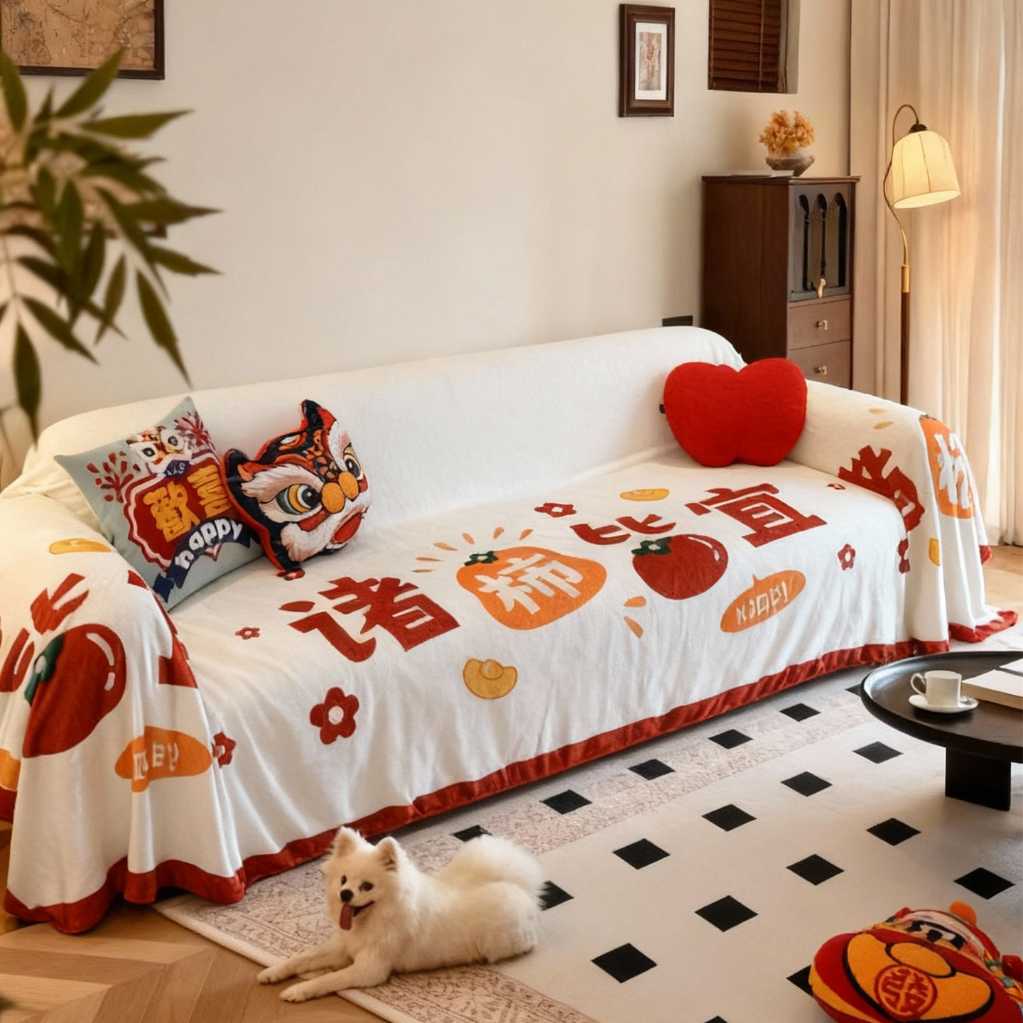 敏顺国潮新年沙发盖布过年氛围感沙发毯卡通现代沙发套罩防猫抓,淘宝优惠券,粉丝福利购,淘宝优惠卷