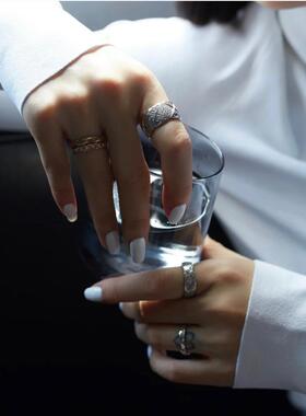 小香风菱格纹戒指女纯银镀