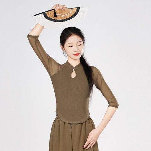 舞蹈服上衣女现代舞练功服新款黑色立领长袖中国古典舞形体服套装 - 图2