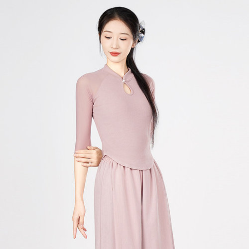 舞蹈服上衣女现代舞练功服新款黑色立领长袖中国古典舞形体服套装 - 图1