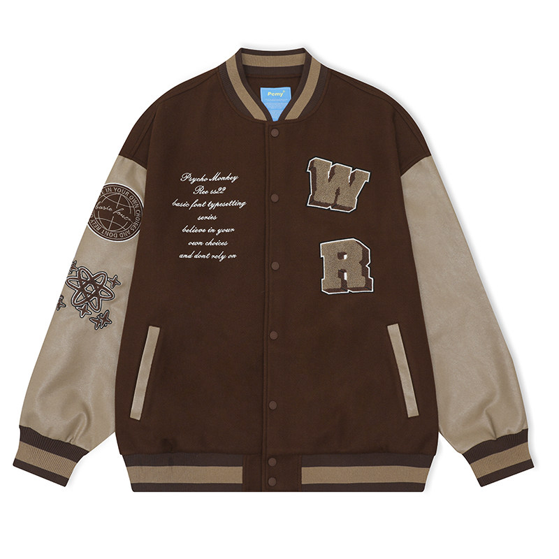 pcmy皮拼接字母毛巾绣落肩棒球服 pcmy夹克
