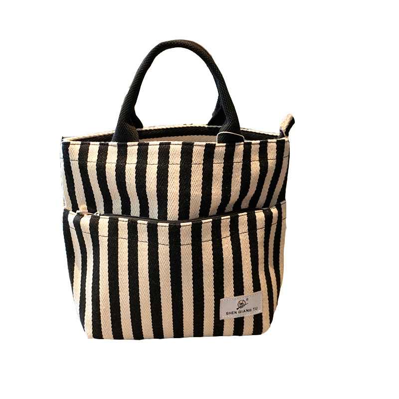 条纹帆布手提女包手拎时尚小包文艺布袋拉链款上班包大容量饭盒袋 - 图3