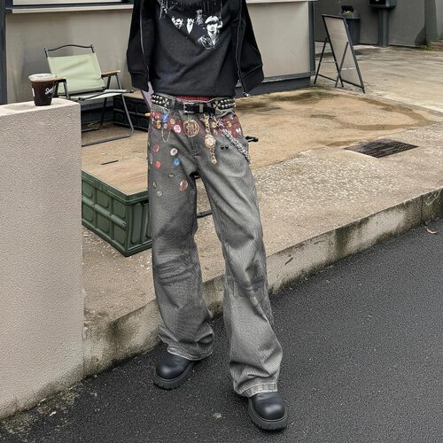 Start美式设计感宽松3D印花腰带牛仔裤男做旧复古直筒微喇阔腿裤 - 图3