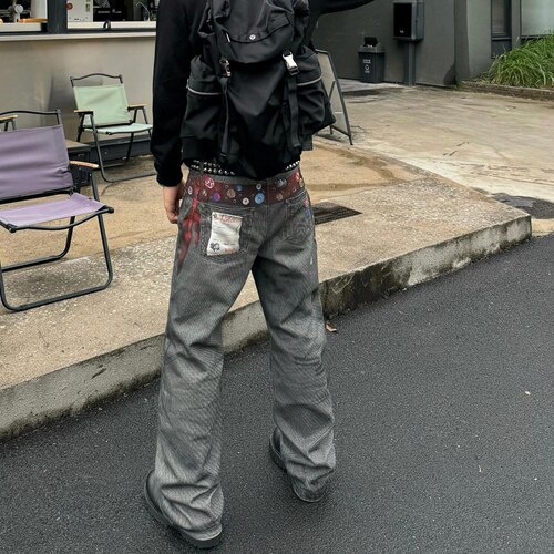 Start美式设计感宽松3D印花腰带牛仔裤男做旧复古直筒微喇阔腿裤 - 图2