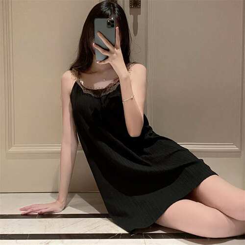 纯棉带胸垫睡衣女夏季纯欲风吊带睡裙女家居服休闲甜美中长裙 - 图1