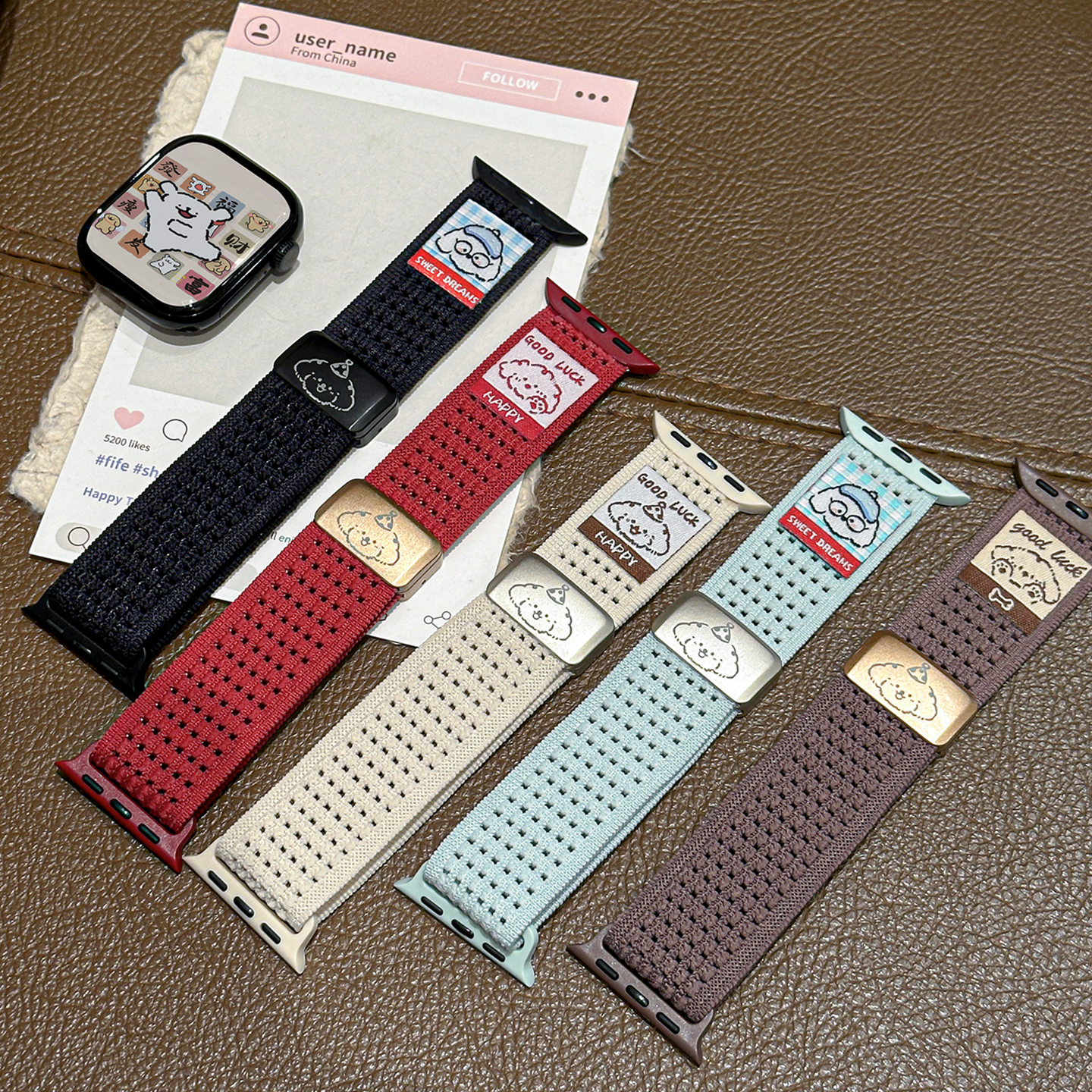 【透气磁吸】适用苹果手表S11/10尼龙编织表带applewatch987可爱大耳狗网格回环Ultra新款iWatch运动腕带女夏 - 图3