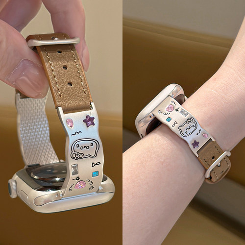 适用applewatchS12彩石水钻猫咪小牛皮细款表带iwatch11/10/9/8/SE手镯款小蛮腰苹果手表皮拼金属可爱腕带女 - 图0