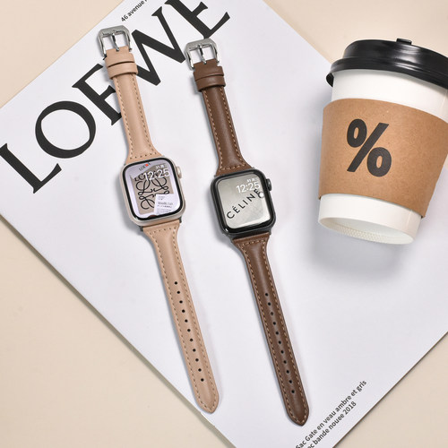 ProBefit适用applewatch小蛮腰皮质表带iwatchS11/9复古纤细皮表带S10苹果手表SE 8/7/6/5/4代真皮表带女秋冬 - 图0