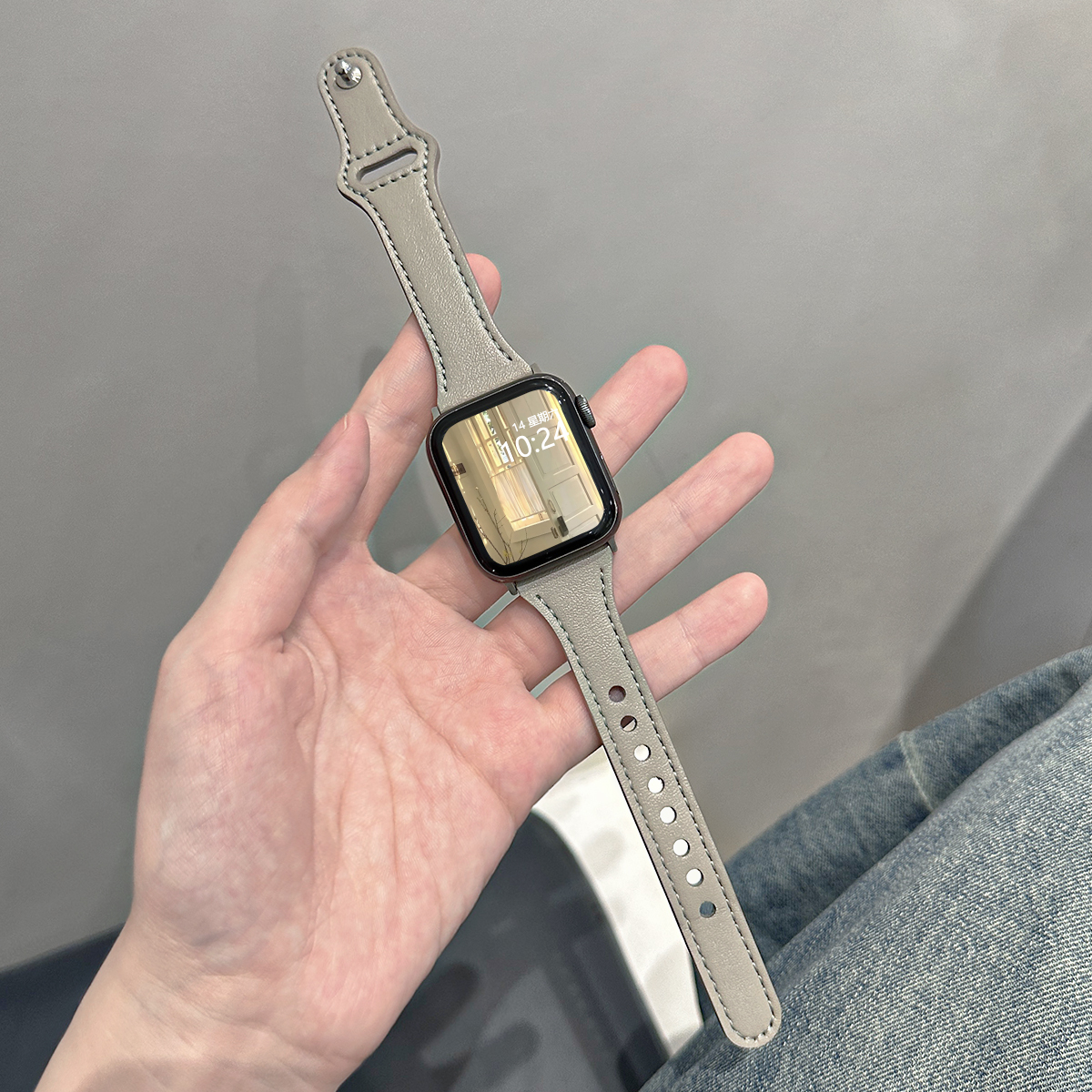 适用AppleWatch真皮S8/9表带iwatch7/6/5/4/3/2/1/SE二代新秋季荔枝纹小蛮腰牛皮简约款细苹果表带女小众复古-图2