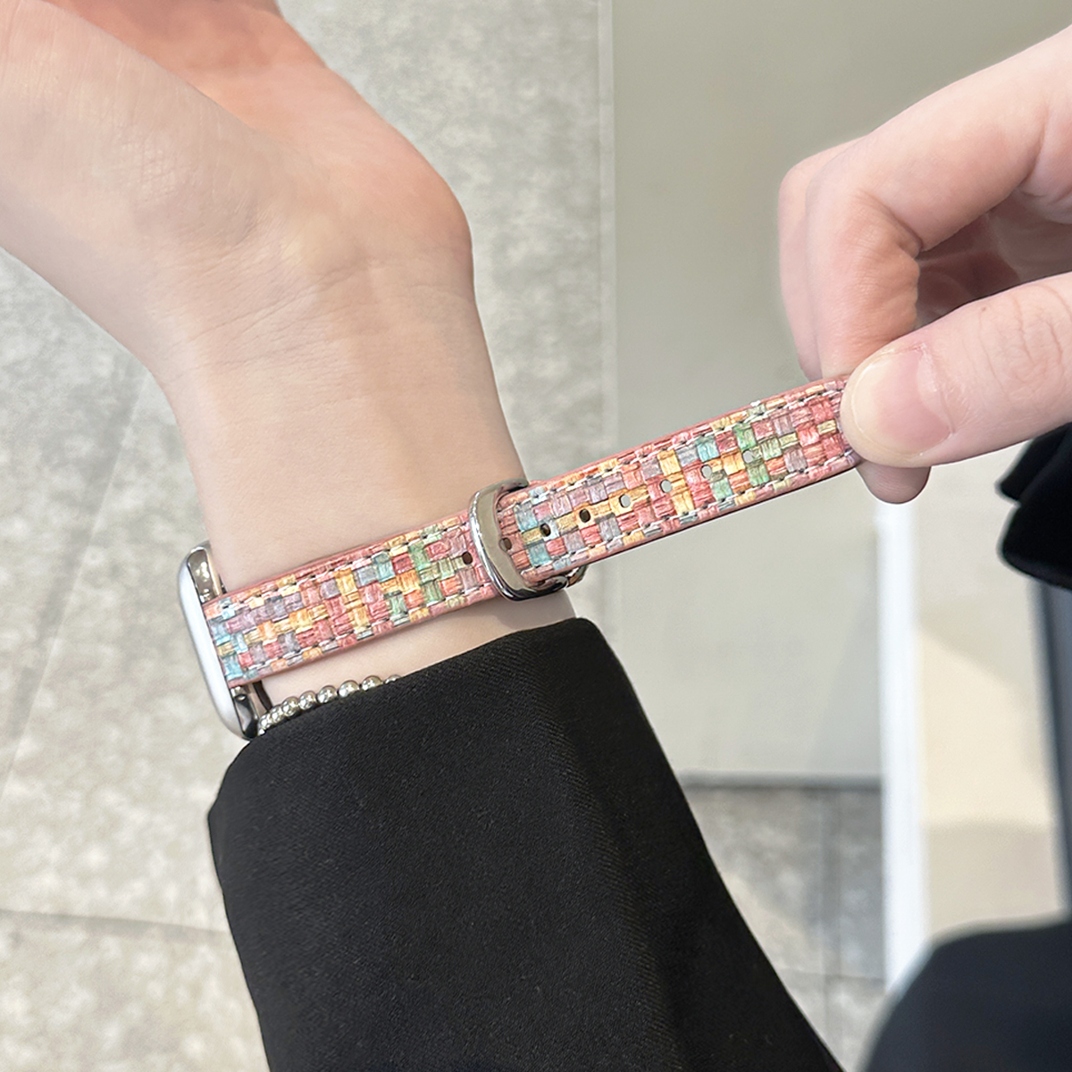 适用applewatchS11编织皮革表带苹果手表s10/9小蛮腰时尚编织创意新款皮表带iwatch8/7/se小香风细款高级腕带 - 图1