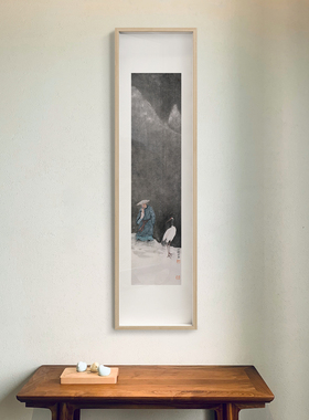 半庭x成军 新中式竖版禅意玄关装饰画黑白实木框茶室挂画人物壁画