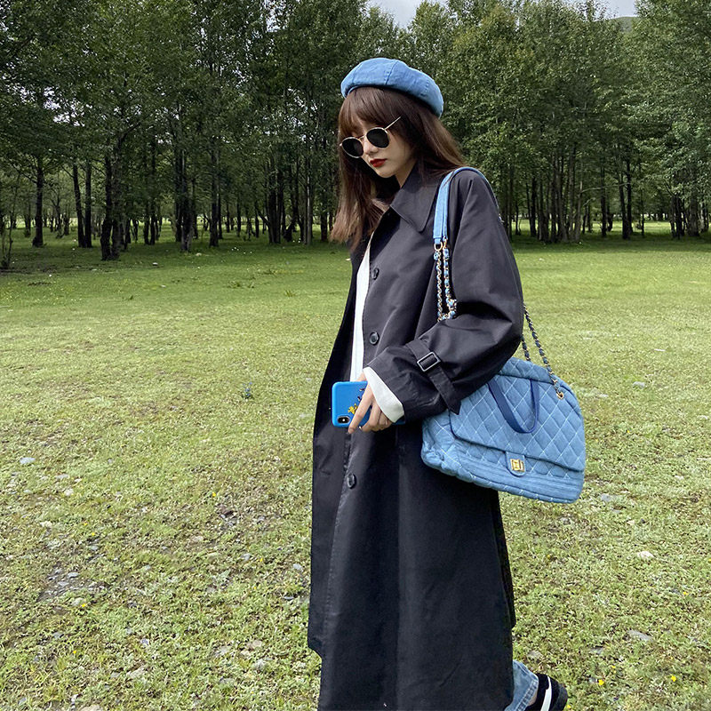 2020秋新款黑色女中长款设计感风衣 赵小果风衣