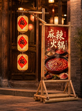 中式古风竹艺落地海报灯笼挂架
