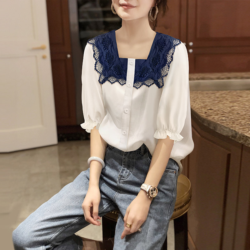 白色方领泡泡袖蕾丝洋气小衫衬衫 秋寸衬衫