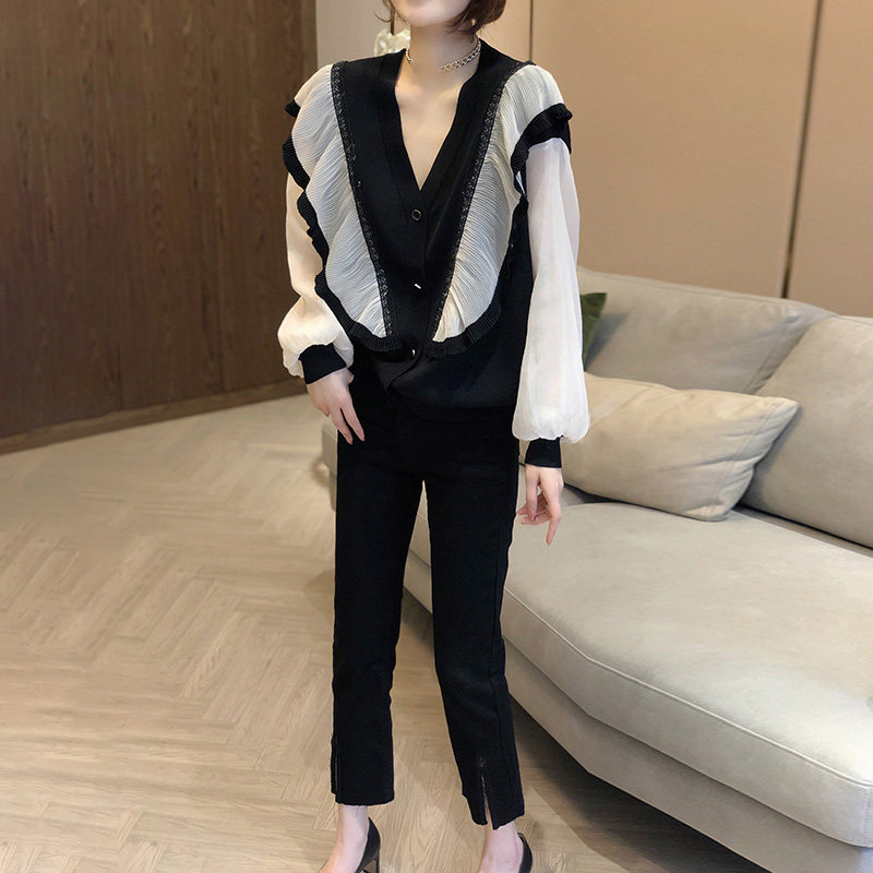 盐系拼接v领女气质高级感显瘦衬衫 秋寸衬衫