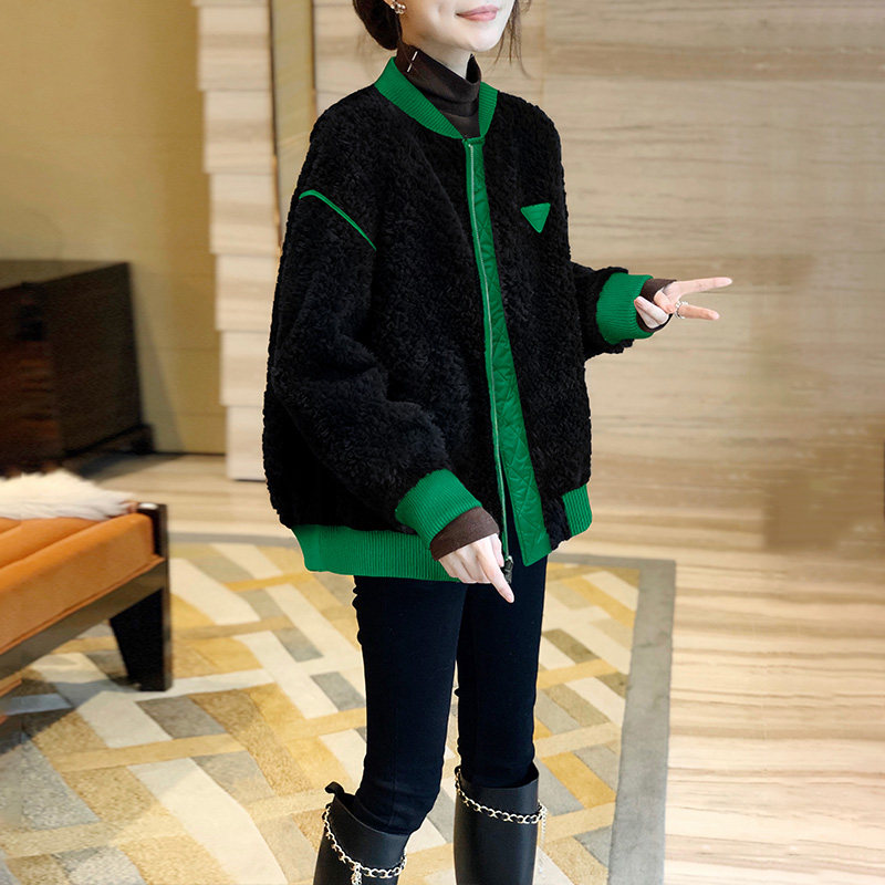 仿羊羔毛绒短外套拼接小个子棒球服 秋寸短外套