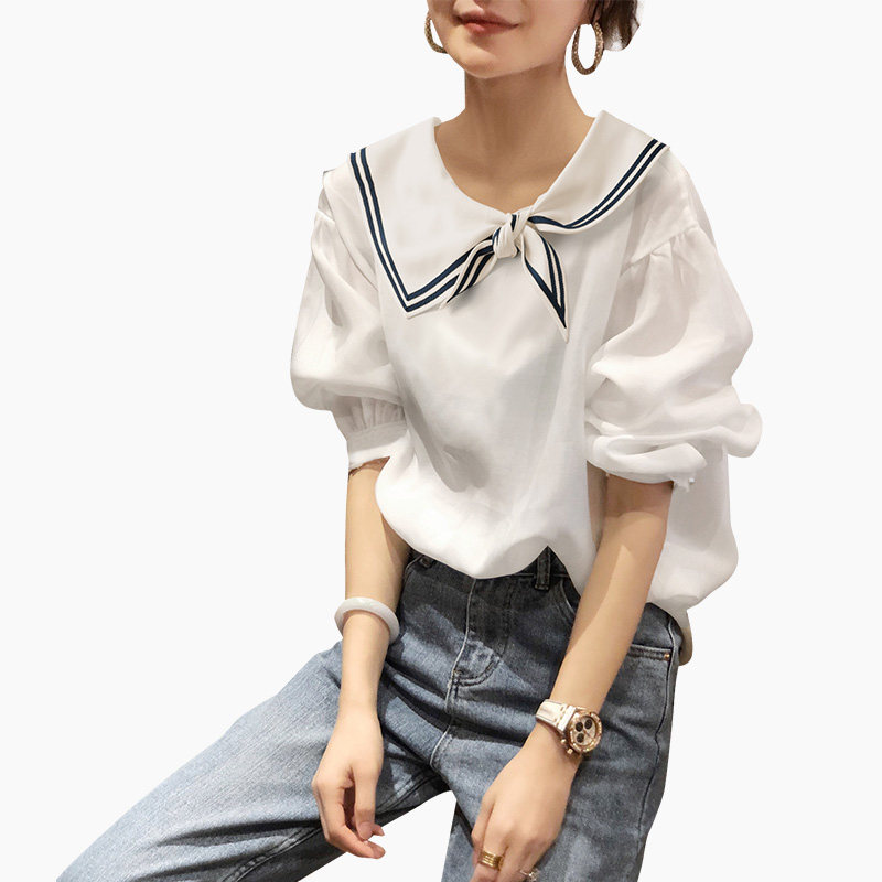 海军风领泡泡袖雪纺洋气小衫衬衣 秋寸衬衫