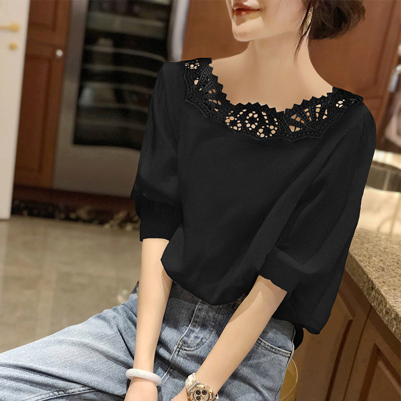 法式泡泡袖雪纺女黑色镂空短袖衬衫 秋寸衬衫