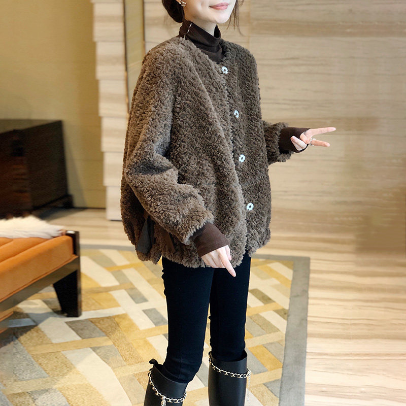 仿羊羔毛绒外套女短小个子宽松上衣 秋寸短外套
