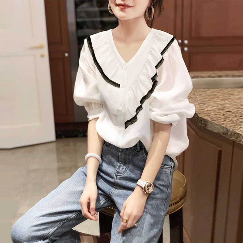 白色v领泡泡袖雪纺荷叶边洋气衬衫 秋寸衬衫