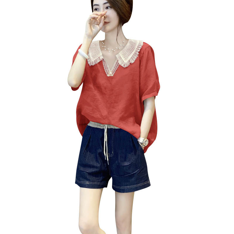 娃娃领短袖设计感蕾丝v领小衫衬衫 秋寸衬衫