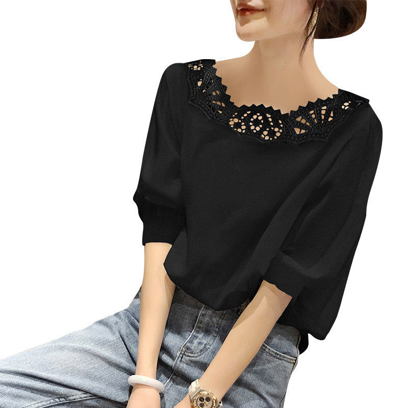 法式泡泡袖雪纺女黑色镂空短袖衬衫 秋寸衬衫