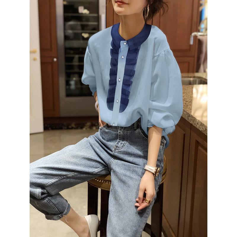 木耳边泡泡袖雪纺蓝色夏季2020衬衫 秋寸衬衫