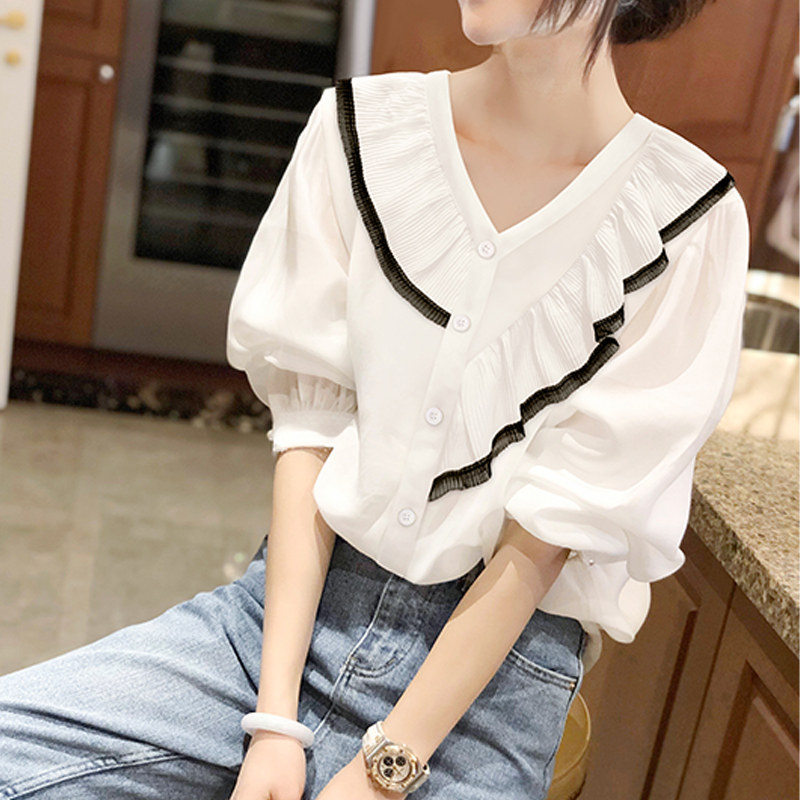 白色v领泡泡袖雪纺荷叶边洋气衬衫 秋寸衬衫