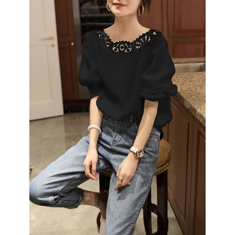 法式泡泡袖雪纺女黑色镂空短袖衬衫 秋寸衬衫