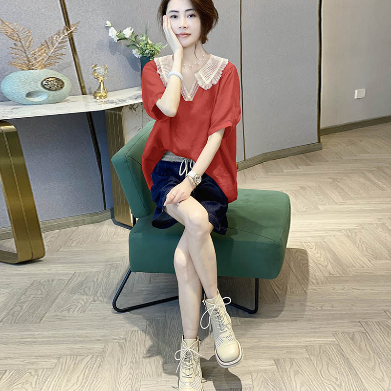 娃娃领短袖设计感蕾丝v领小衫衬衫 秋寸衬衫