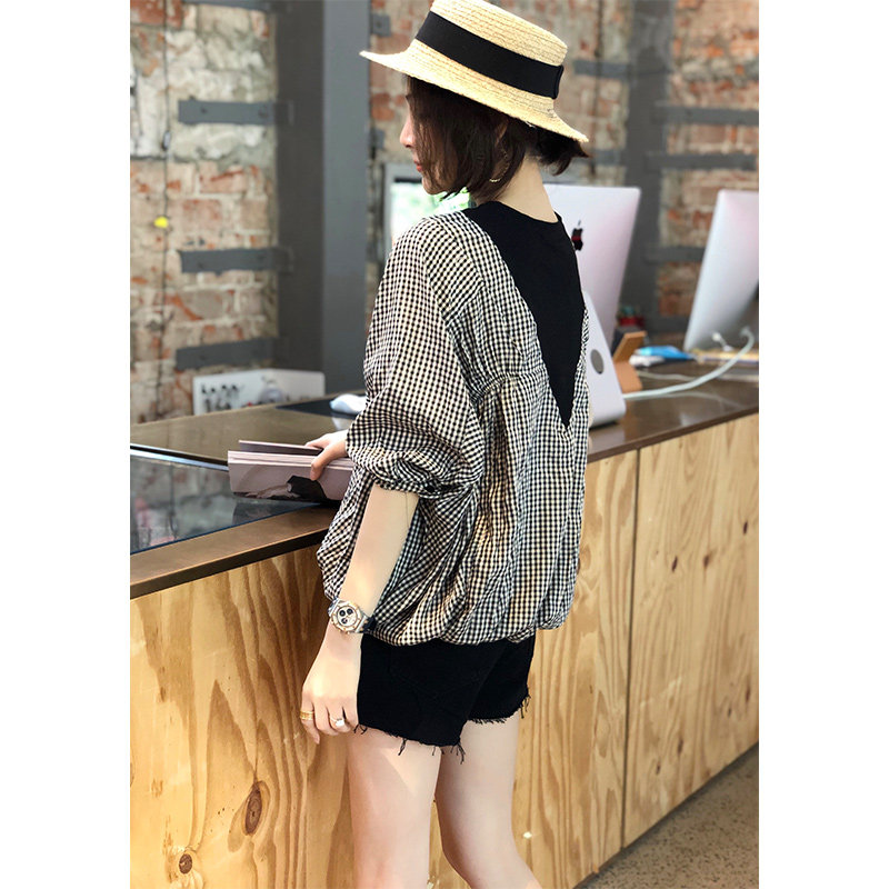 假两件格子蝙蝠袖设计感小众衬衫 秋寸衬衫