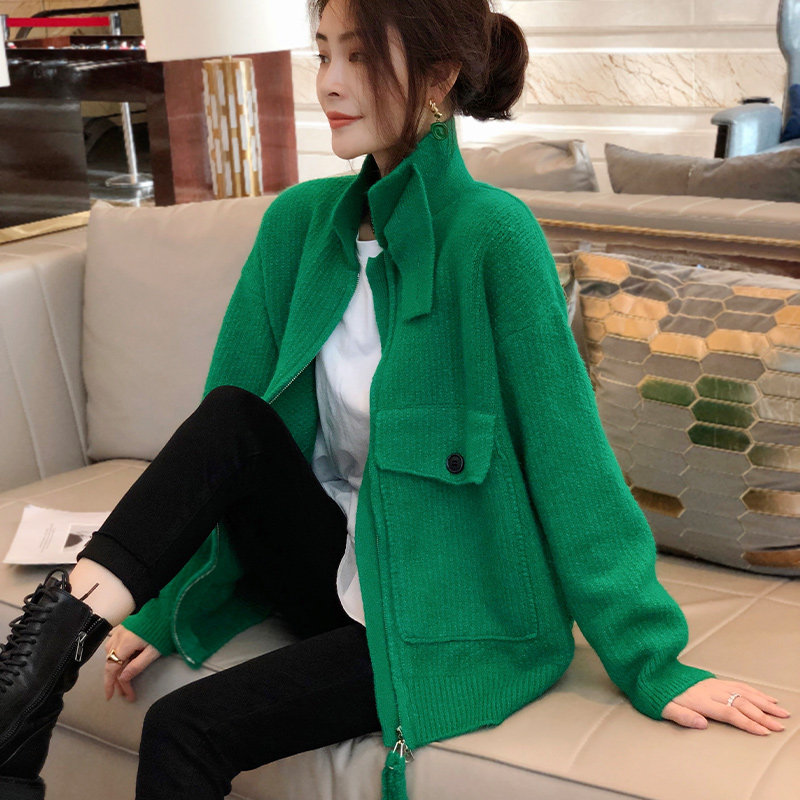 欧货磨毛绒外套爆款宽松绿色毛衣 秋寸短外套
